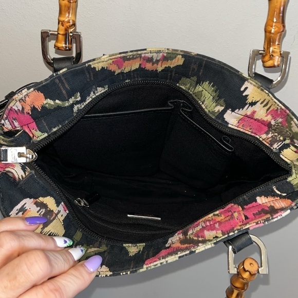 Talbots Floral Satchel Bag Bamboo Handles Fabric Black Faux Leather Trim - Picture 6 of 8